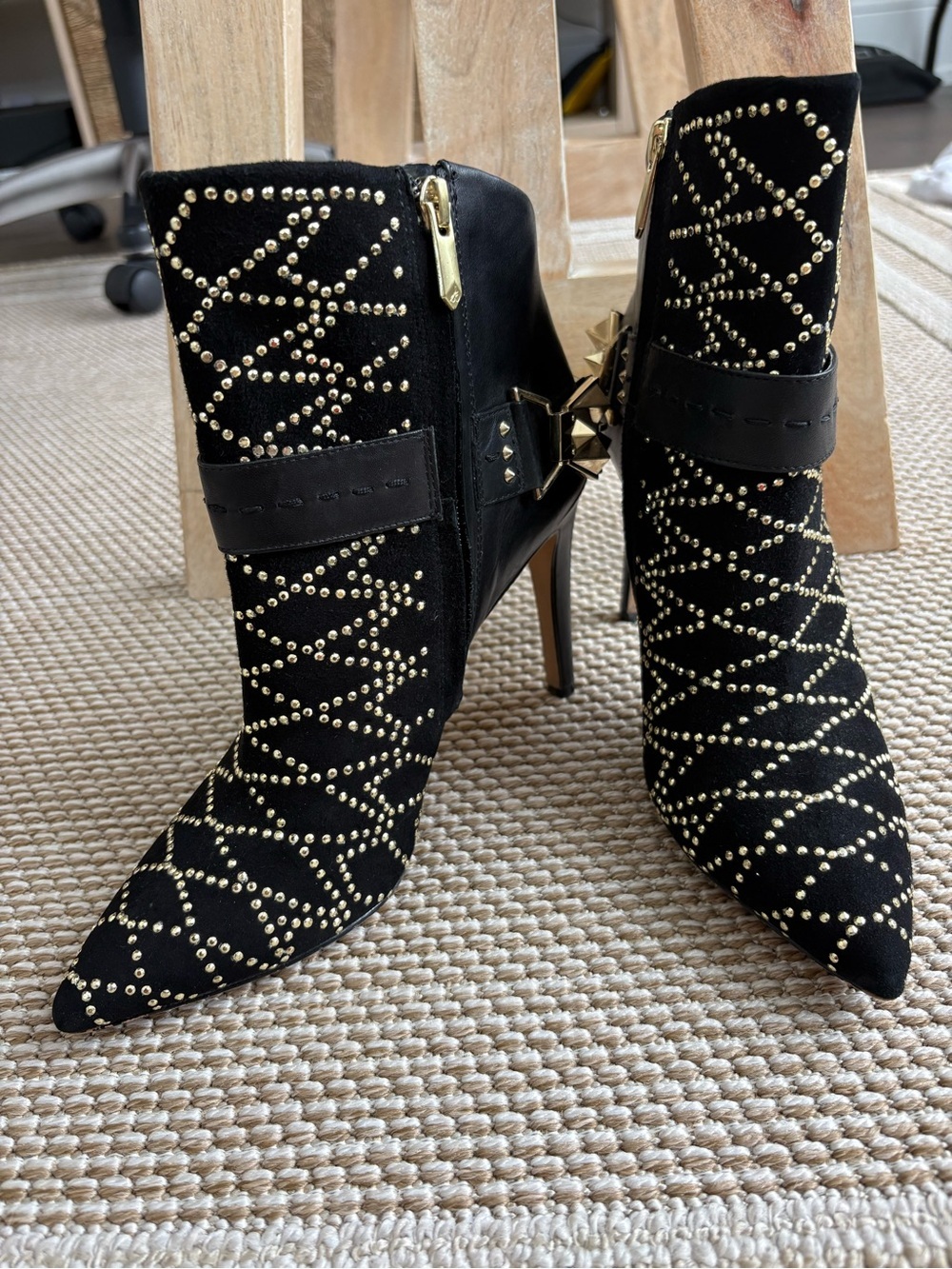 Sam Edelman Black Studded Pointed-Toe Ankle Booties with Gold Accents - Picture 7 of 11
